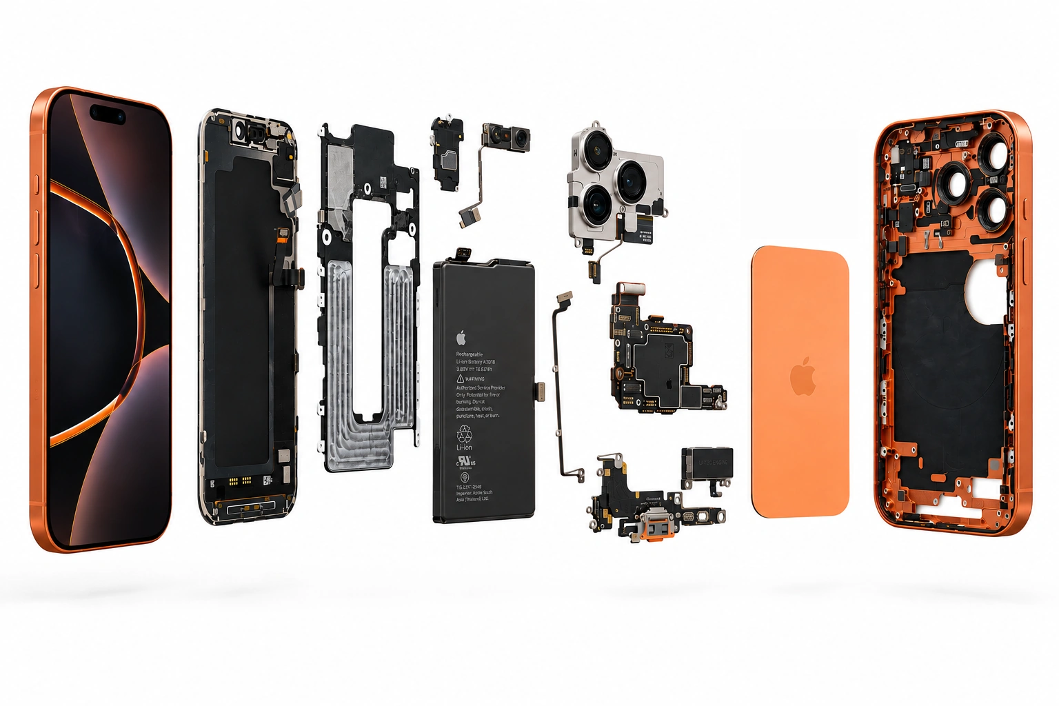 Exploded iPhone 17 Pro showing the display, internals, battery, cameras, back glass and rear housing